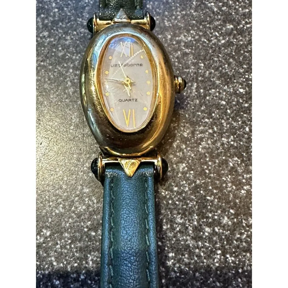 Vintage Liz Claiborne Reversible Leather Strap Oval Gold Tone Watch 6.5